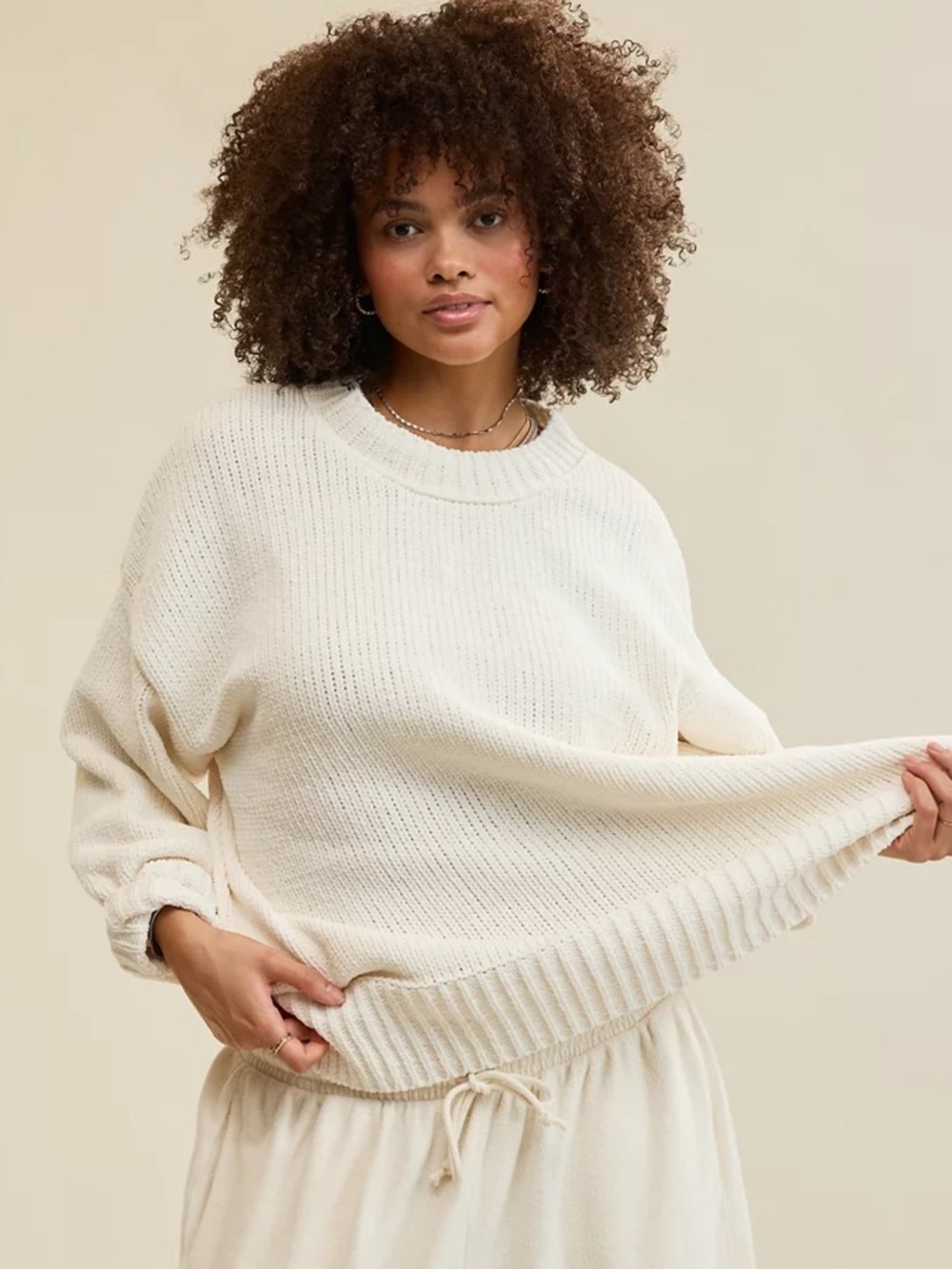 Aerie crew neck knit sweater Large oversized drop shoulder chunky wool alpaca